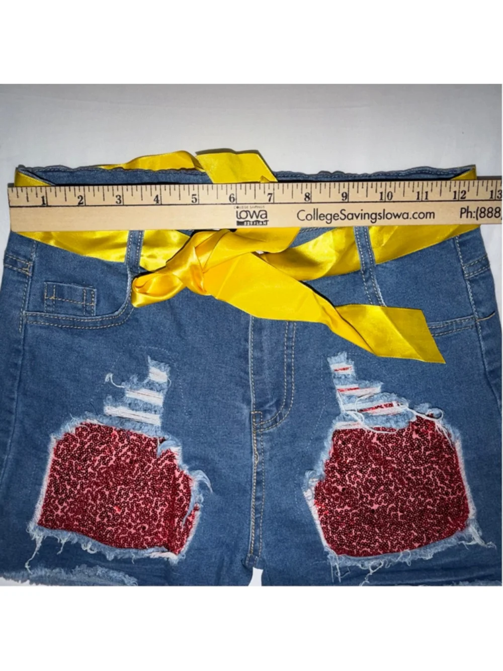 Girls L Distressed Sequin Denim Shorts Yellow Ribbon Belt Adjustable Waist Bling